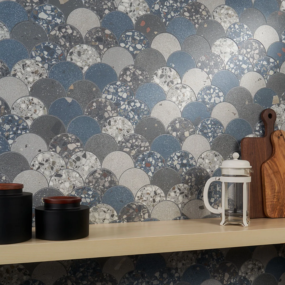 Kobe Fishscale Cool Blue Mix 4" Terrazzo Look Matte Porcelain Mosaic Tile - Image 3