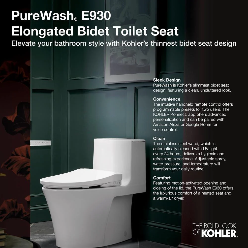 KOHLER Pure Wash E930 Elongated Bidet Toilet Seat with Remote Control - Image 2