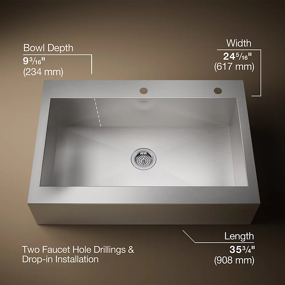 KOHLER Vault 35.75-in x 24.3125-in Single-Bowl Drop-In Farmhouse Kitchen Sink, 2-Hole, Stainless Steel (K-R3942-2-NA) - Image 5
