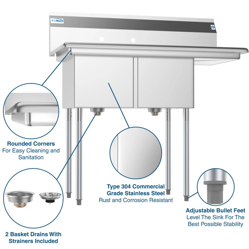 KoolMore Stainless Steel 2-Basin Freestanding Utility Tub with Drain - 22" x 43" - Image 3