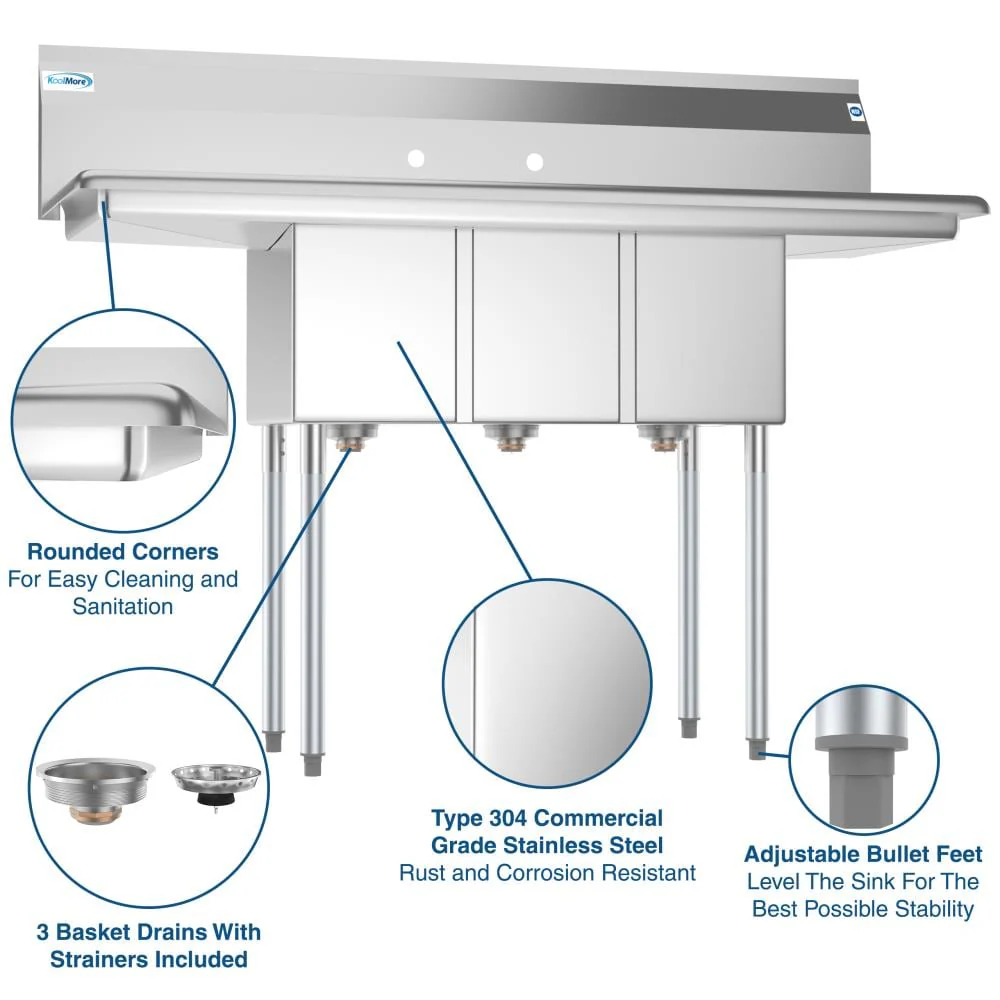 KoolMore Stainless Steel 20x54-inch 3-Basin Freestanding Utility Tub - Image 2