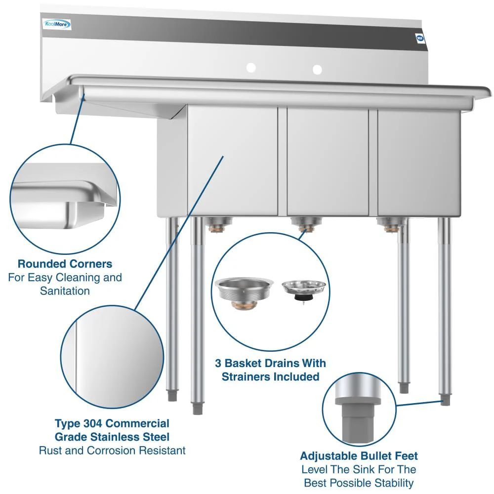 KoolMore Stainless Steel 3-Basin Utility Tub with Drain - Image 11