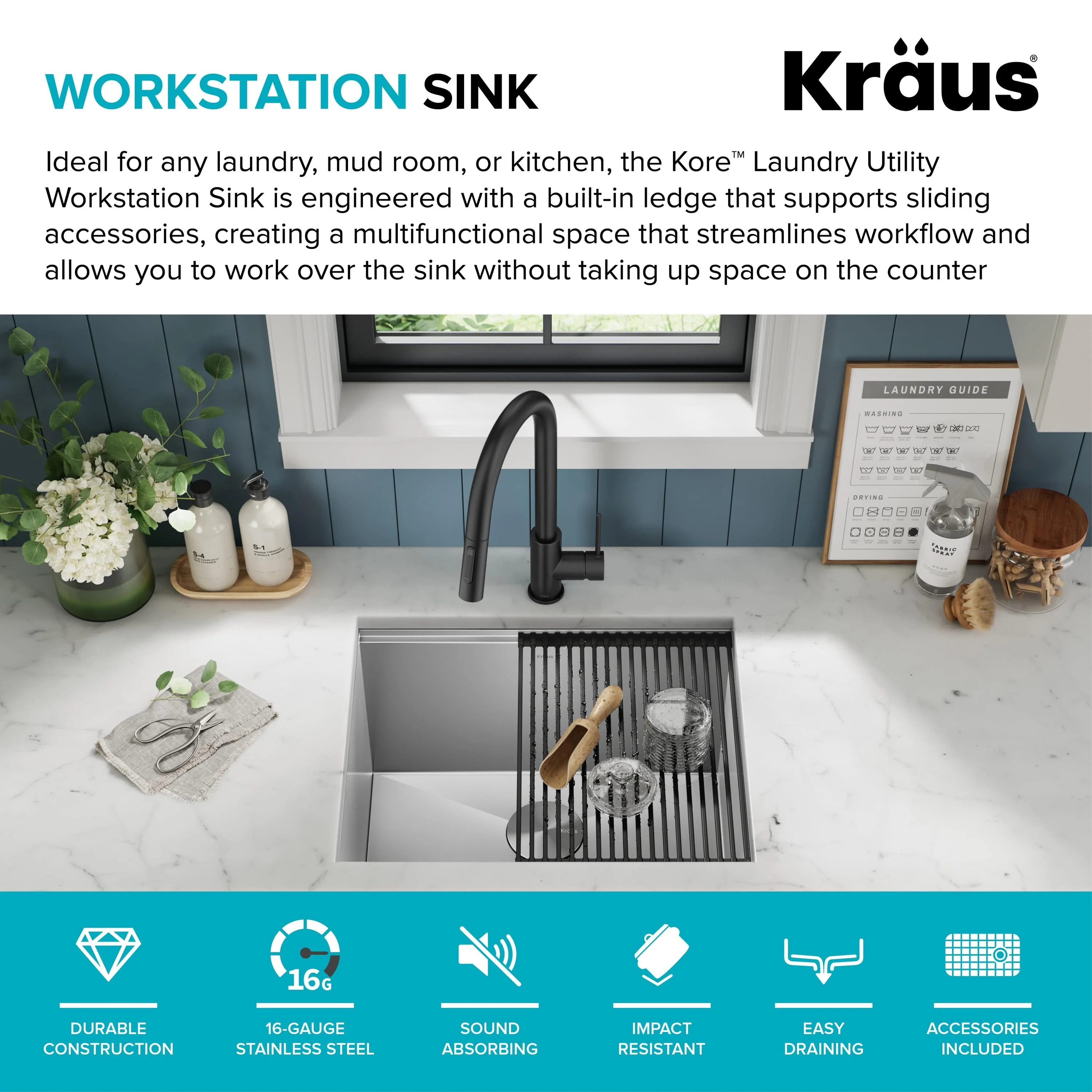Kraus 19-in x 23-in Stainless Steel Undermount Laundry Sink with Drain - Image 3