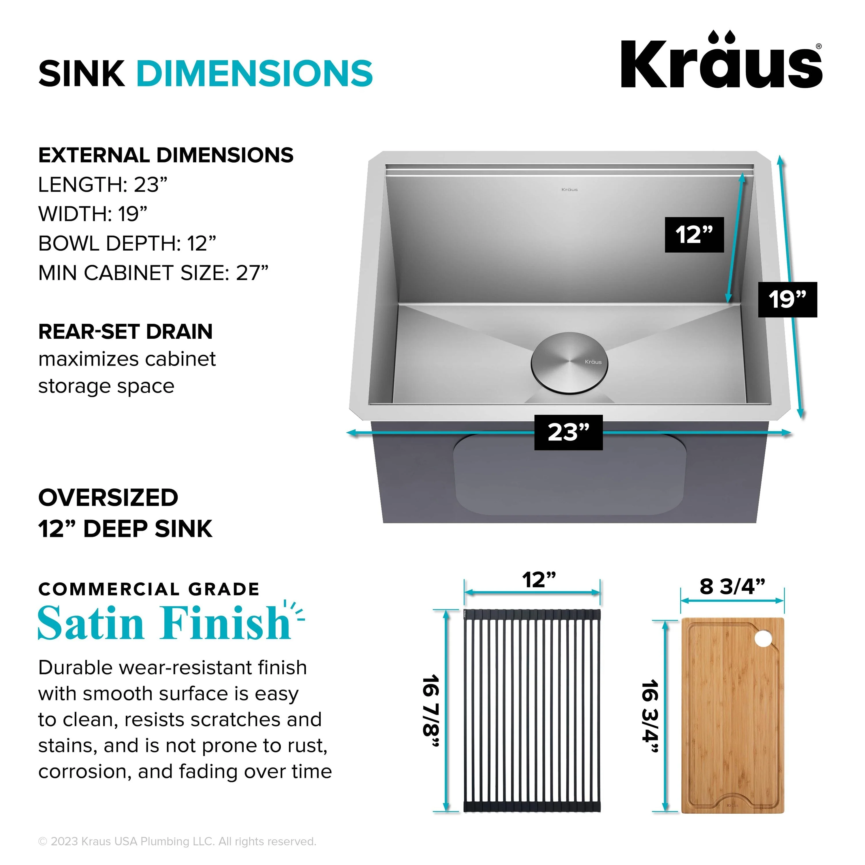 Kraus 19-in x 23-in Stainless Steel Undermount Laundry Sink with Drain - Image 5
