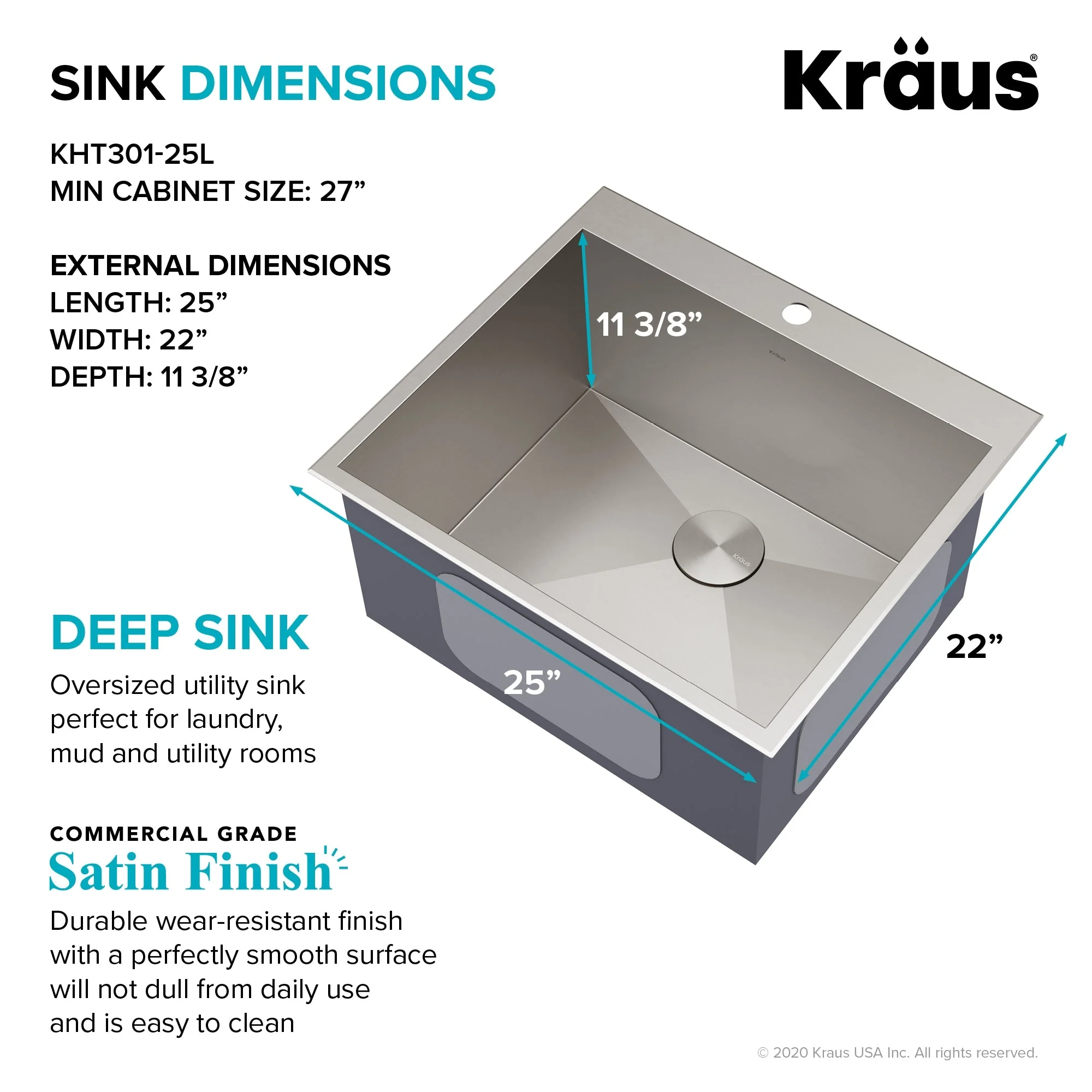 Kraus 22x25 Inch Stainless Steel Drop-In Laundry Sink with Drain - Image 5