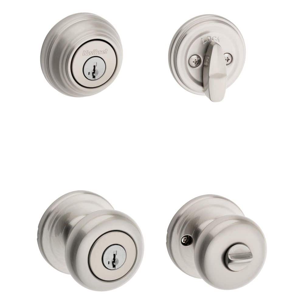 Kwikset Juno Satin Nickel Exterior Entry Door Knob and Single Cylinder Deadbolt Combo Pack with SmartKey Security