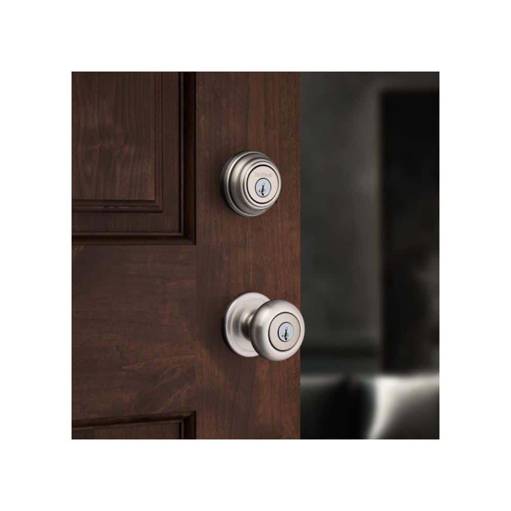 Kwikset Juno Satin Nickel Exterior Entry Door Knob and Single Cylinder Deadbolt Combo Pack with SmartKey Security - Image 2