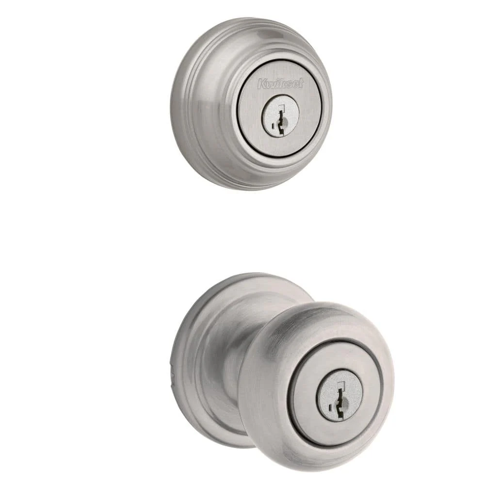 Kwikset Juno Satin Nickel Exterior Entry Door Knob & Double Cylinder Deadbolt Combo Pack with SmartKey Security