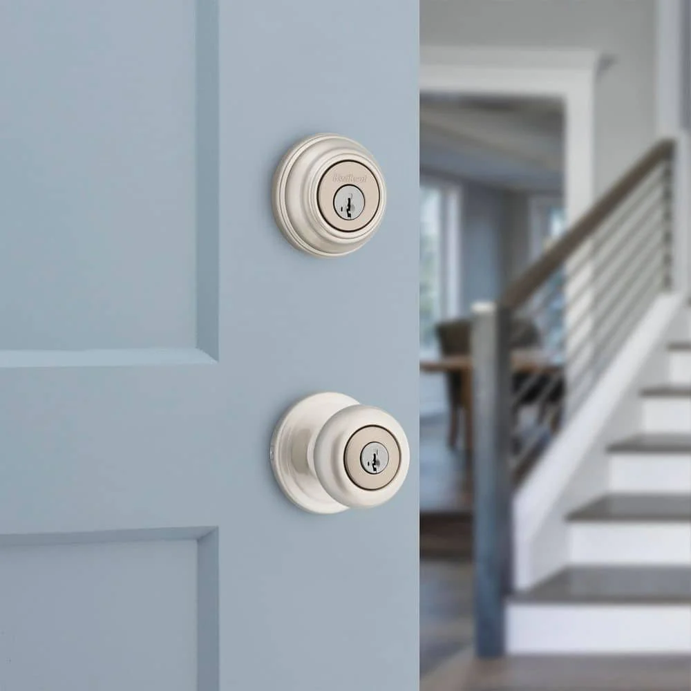 Kwikset Juno Satin Nickel Exterior Entry Door Knob & Double Cylinder Deadbolt Combo Pack with SmartKey Security - Image 2