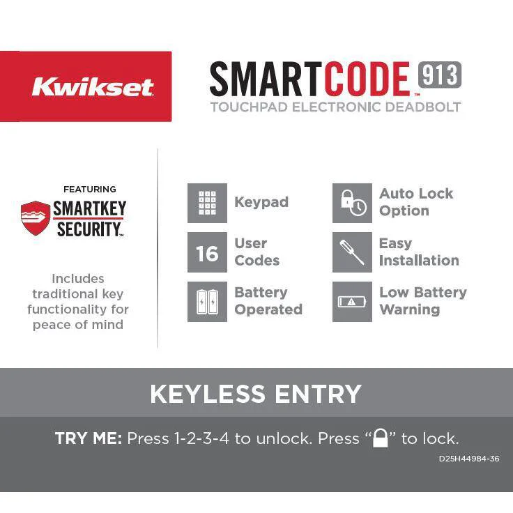 Kwikset SmartCode 913 Touchpad Electronic Deadbolt with Avalon Handleset and Tustin Lever, Venetian Bronze - Image 3