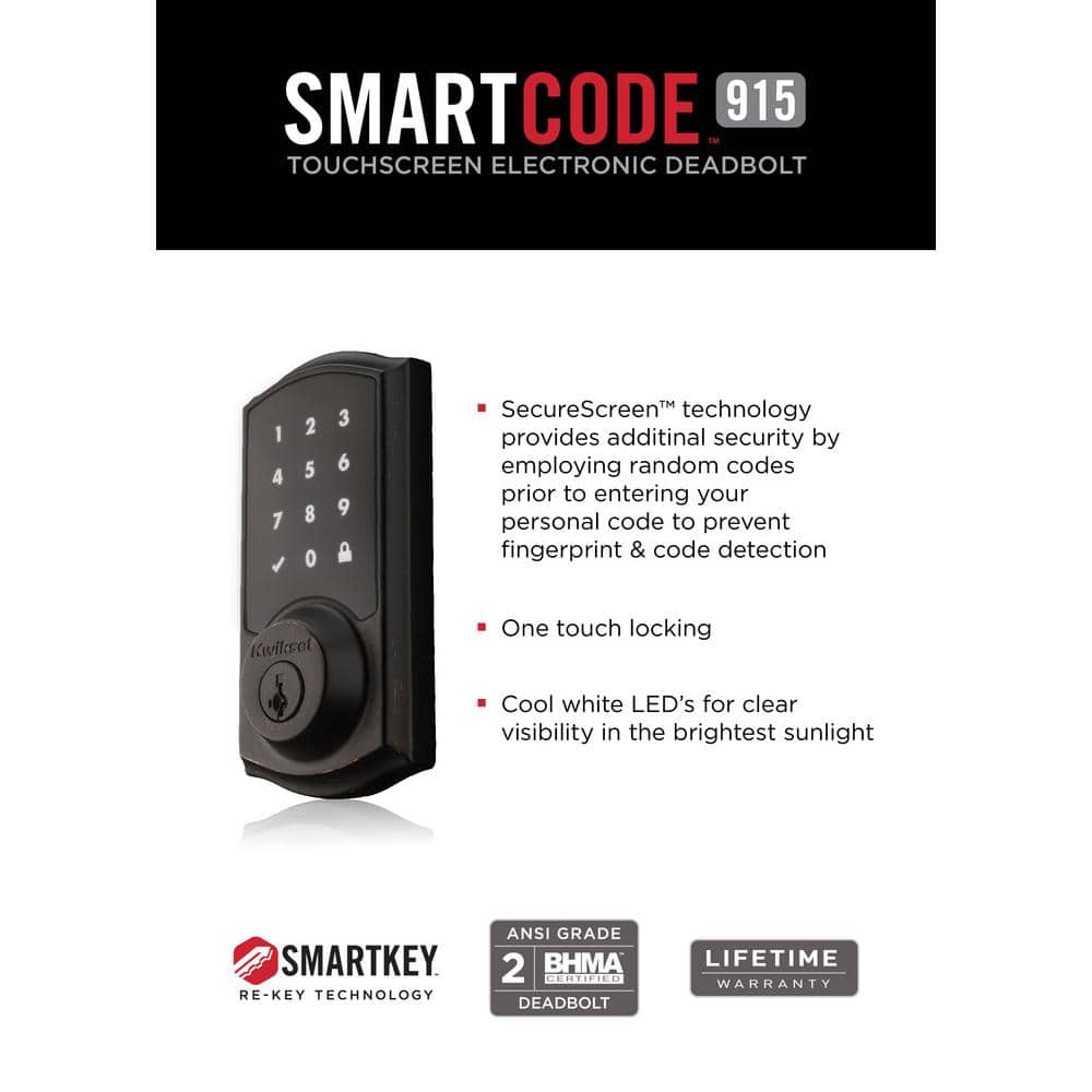 Kwikset SmartCode 915 Touchscreen Venetian Bronze Single Cylinder Electronic Deadbolt with Avalon Handleset and Tustin Lever - Image 5