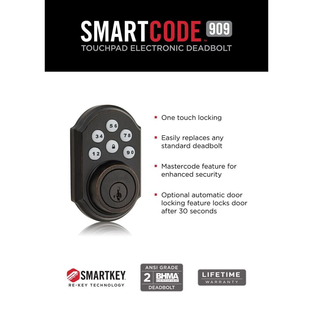 Kwikset Z-Wave SmartCode 910 Venetian Bronze Single Cylinder Electronic Deadbolt featuring Milan Hall/Closet Lever - Image 6