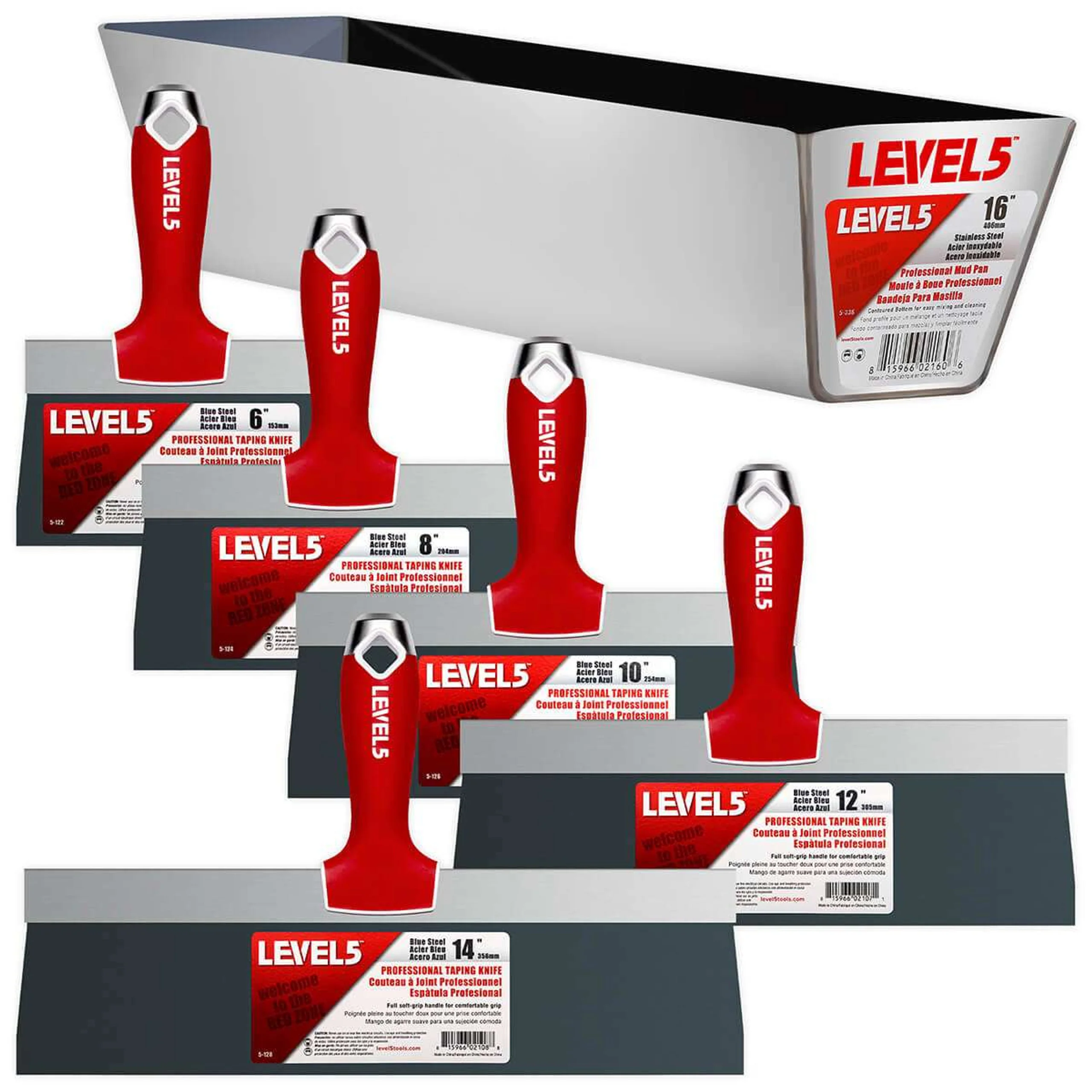 LEVEL5 Blue Steel Taping Knife Set with Soft-Grip Handles, 6"–14" (Model 5-605)