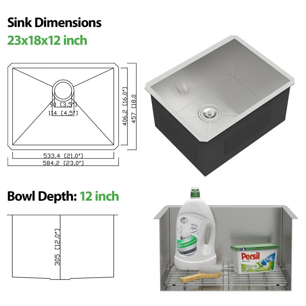 Logmey 23 in. x 18 in. x 12 in. Undermount Single Bowl Stainless Steel Utility Sink with Strainer - Image 2