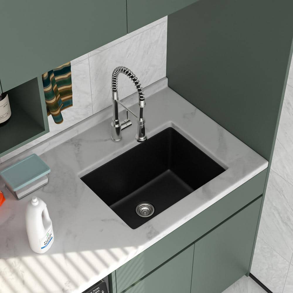 Logmey 24" Quartz Composite Undermount Laundry/Utility Sink, Matte Black - Image 3