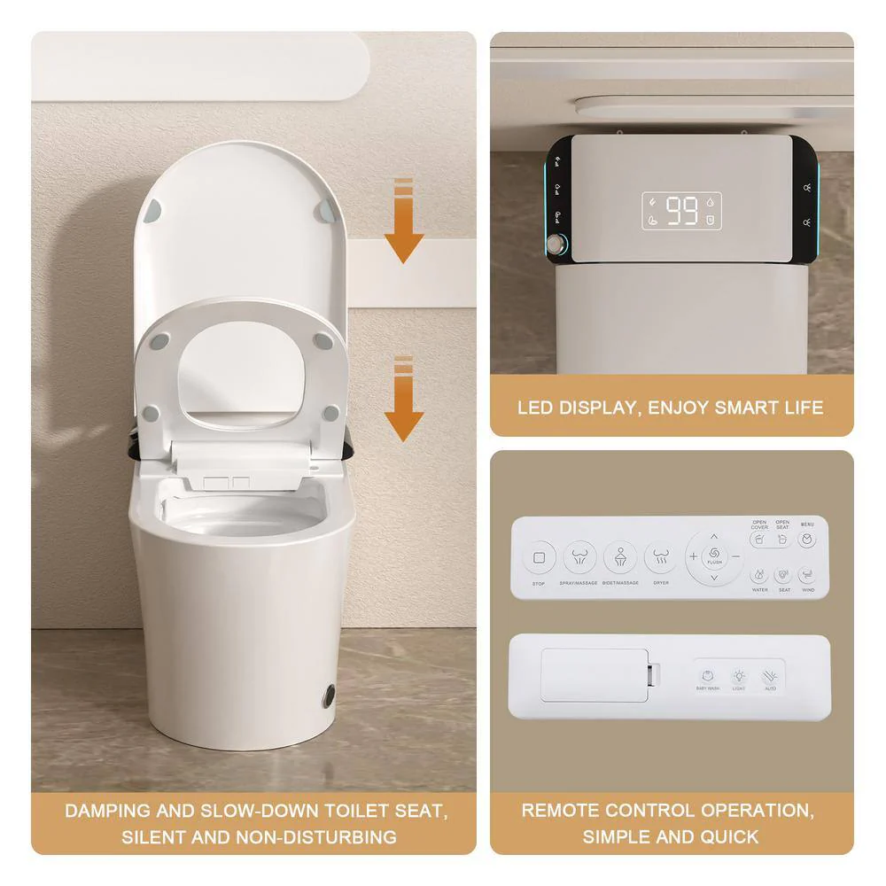 LORDEAR 1.27 GPF Tankless Elongated Smart Bidet Toilet with Auto Open/Close Lid in White - Image 4