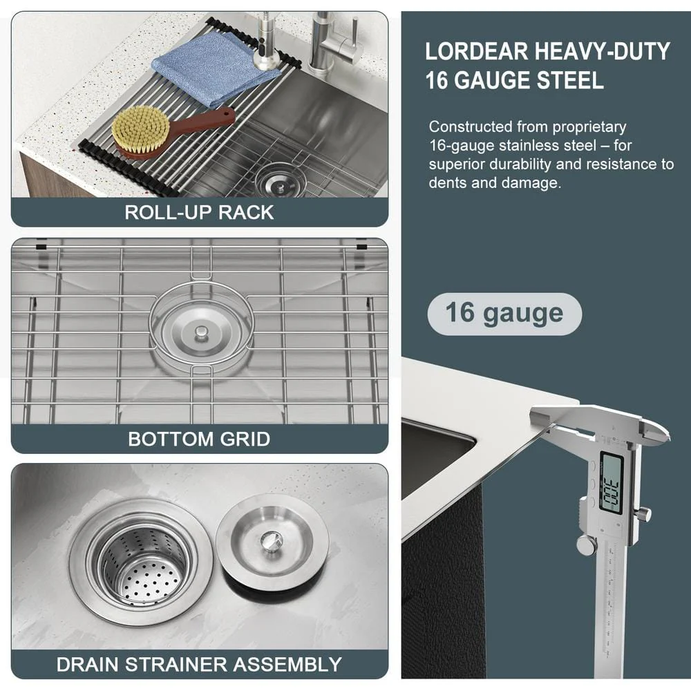 LORDEAR 22 in. Drop-In Laundry Utility Sink Stainless Steel 16 Gauge with Strain Basket - Image 4