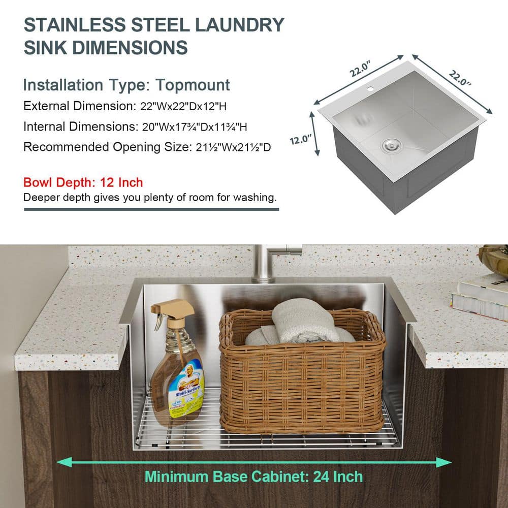 LORDEAR 22 in. x 22 in. Drop-In Stainless Steel Laundry Utility Sink - Image 6