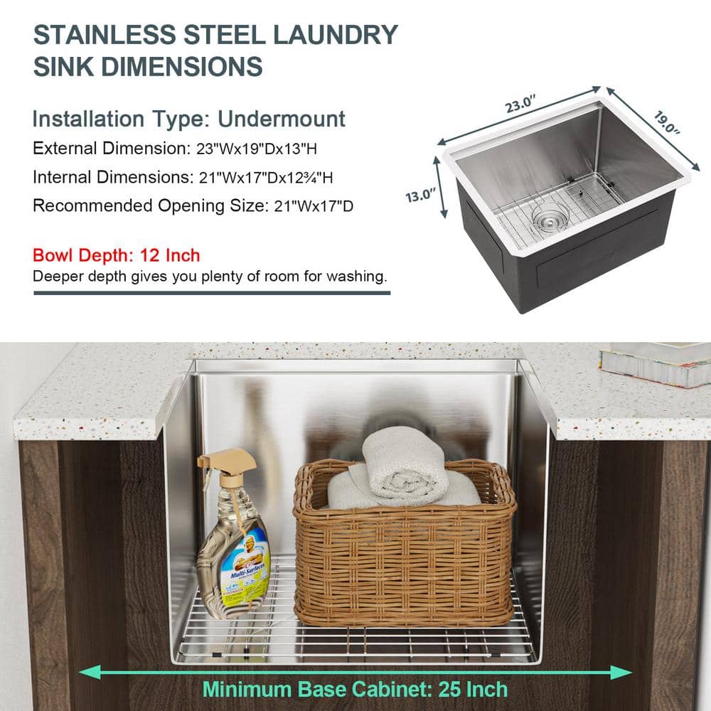 LORDEAR 23x19 Stainless Steel Undermount Utility Sink - Silver - Image 6