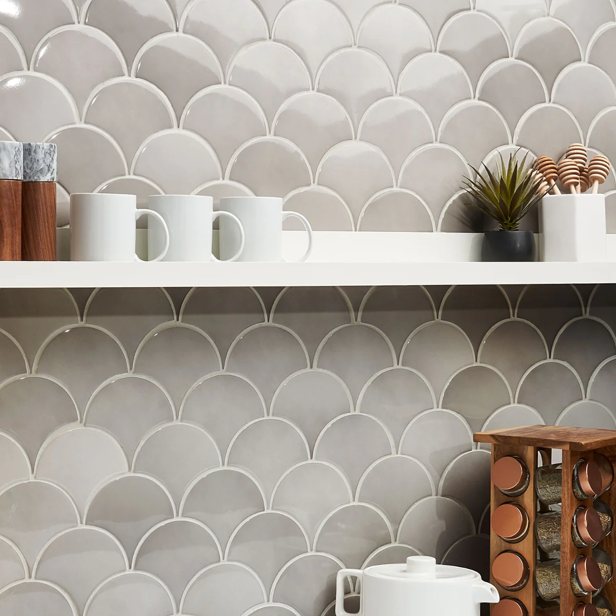 Lux Tile Mist Gray Fish Scale Polished Ceramic Wall Tile - 5" - Image 4