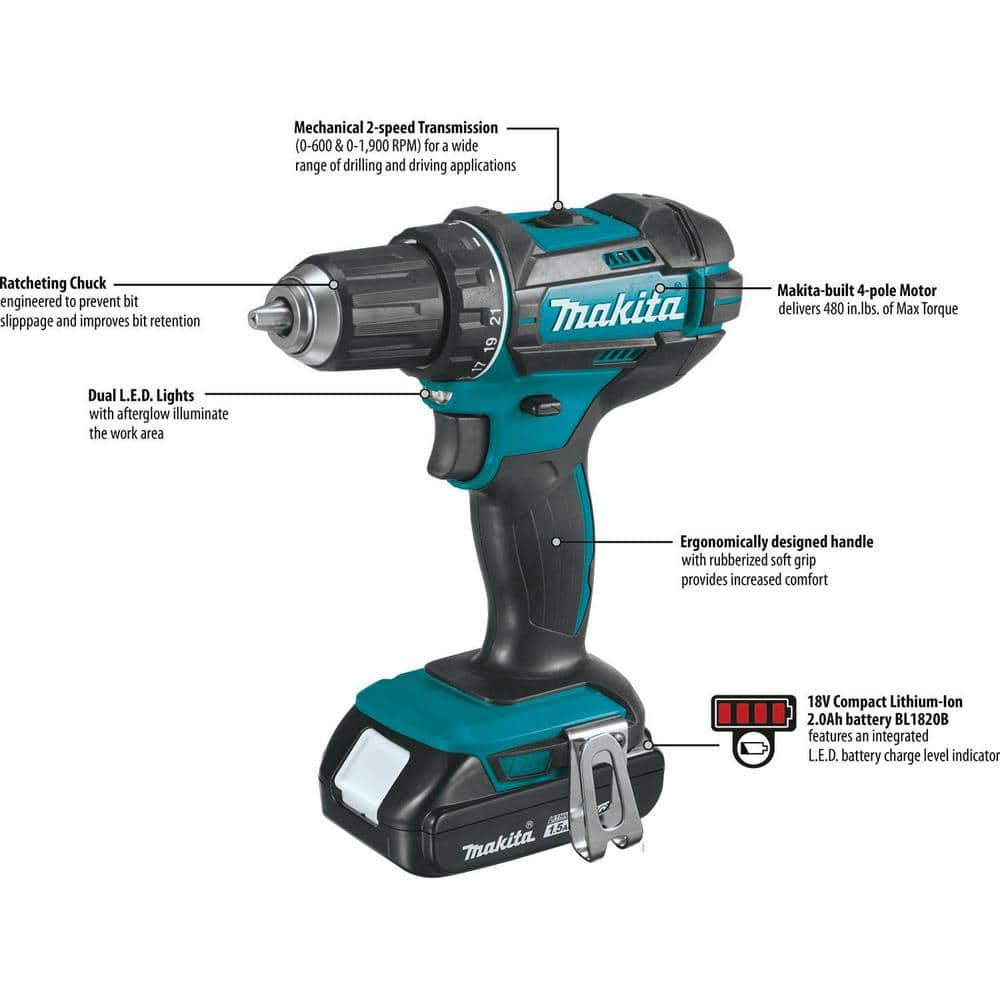 Makita 1.5Ah 18V LXT Lithium‑Ion Compact Cordless 1/2 in. Driver‑Drill Kit (XFD10SY) - Image 8