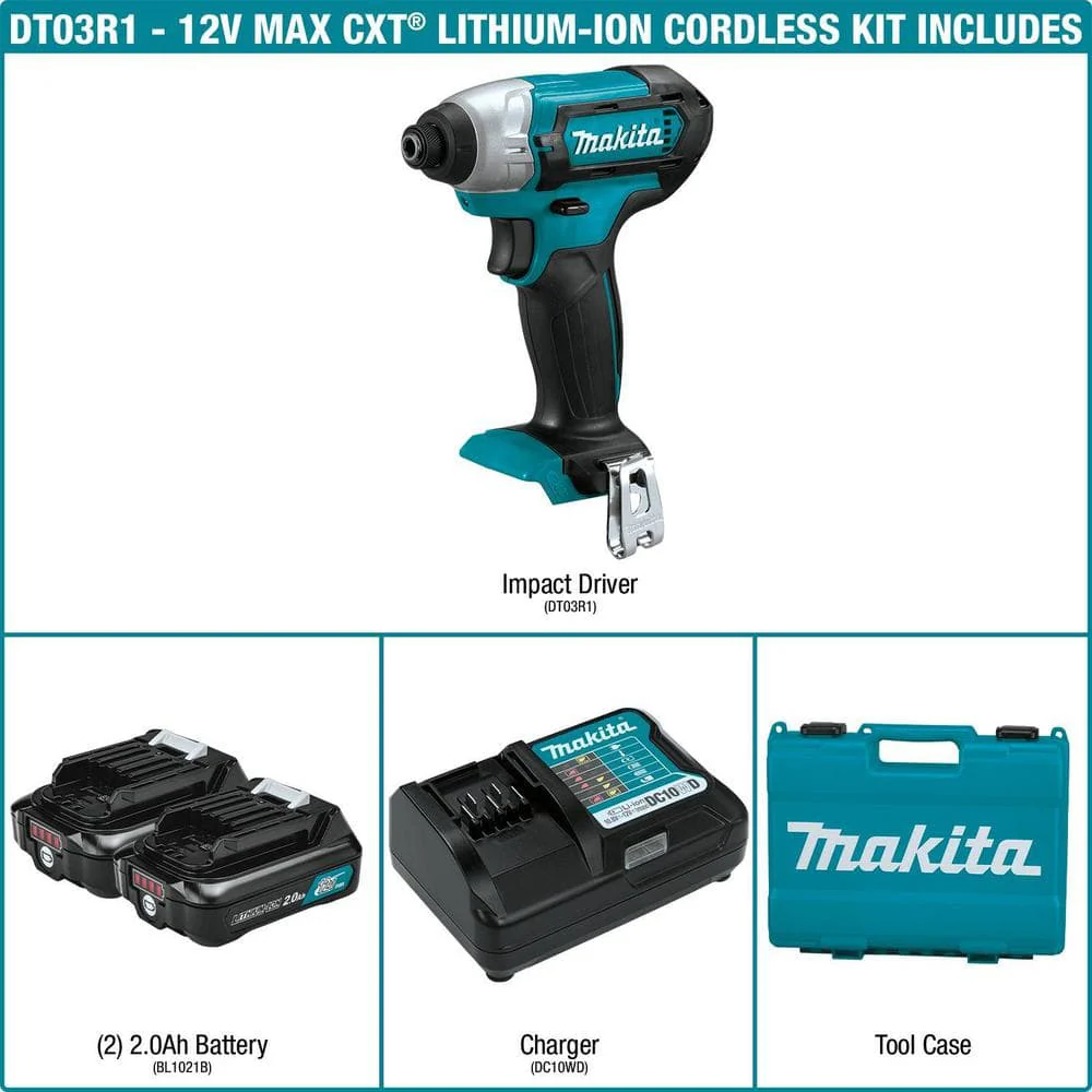 Makita 12V max CXT Lithium‑Ion 1/4 in. Cordless Impact Driver Kit with (2) 2.0Ah Batteries, Charger & Hard Case - Image 2