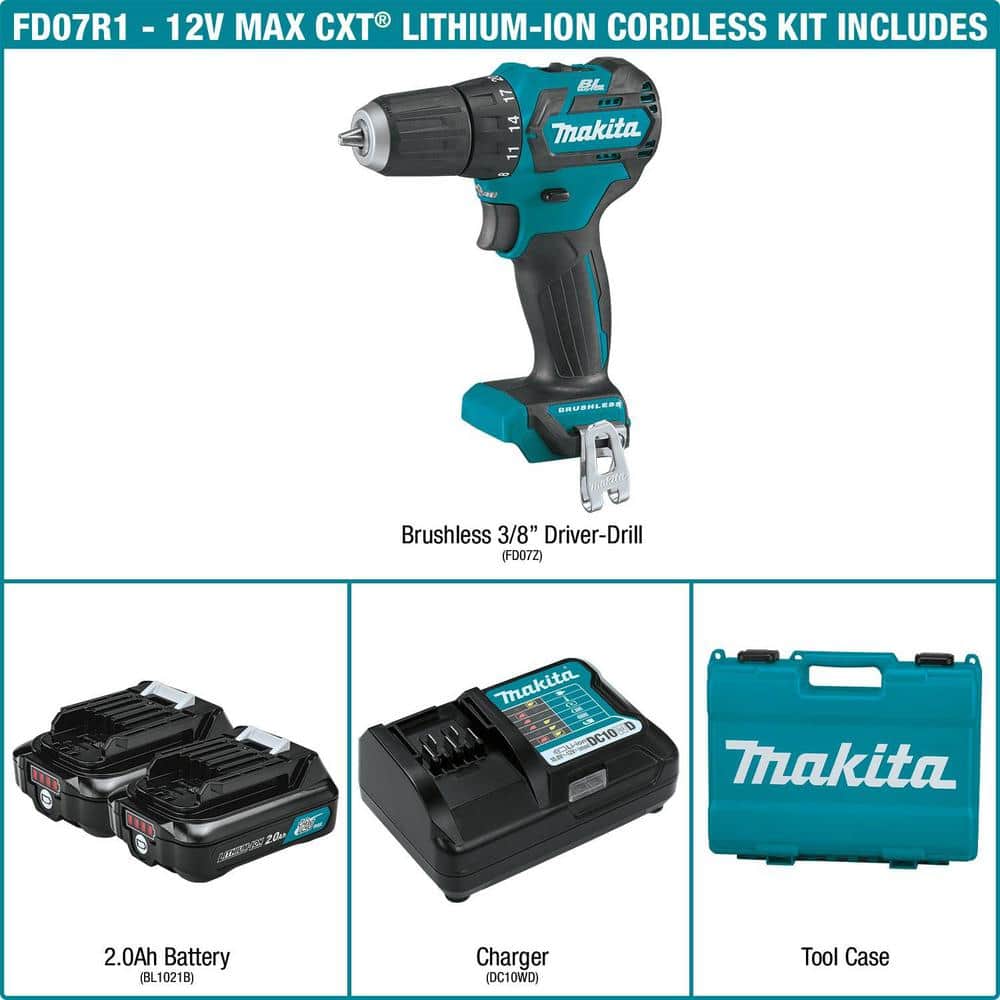 Makita 12V max CXT Lithium‑Ion 3/8 in. Brushless Cordless Driver‑Drill Kit with (2) 2.0Ah Batteries, Charger and Hard Case - Image 2
