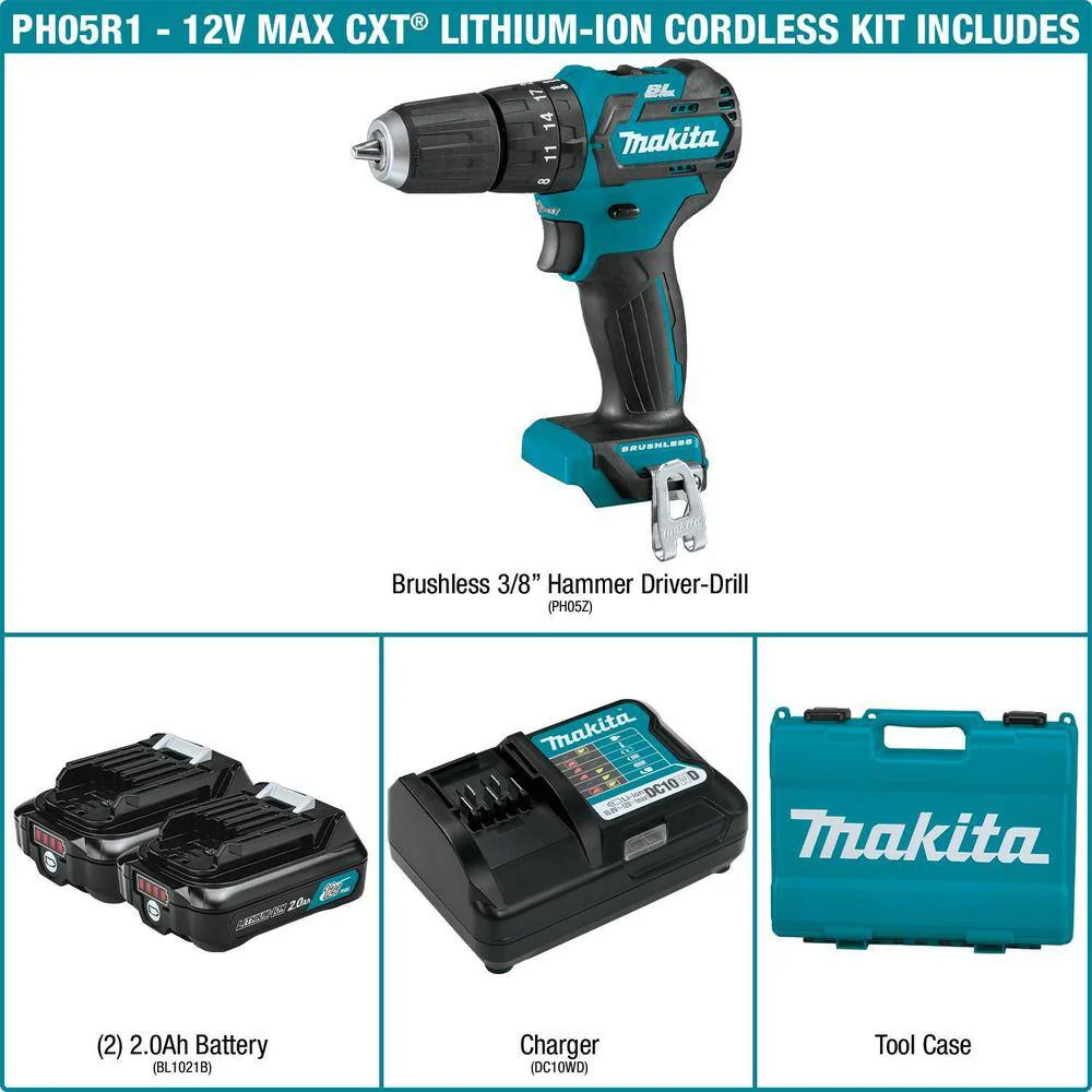 Makita 12V Max CXT Lithium‑Ion 3/8 in. Brushless Cordless Hammer Driver‑Drill Kit with (2) 2.0Ah Batteries, Charger and Hard Case - Image 2