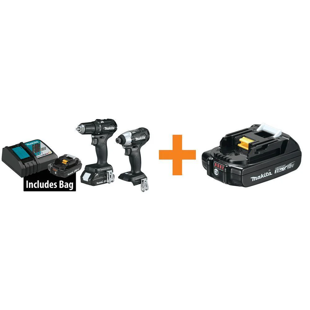 Makita 18-Volt 2.0Ah Lithium-Ion Sub-Compact Brushless Combo Kit (2-Piece) with Bonus 18-Volt 2.0Ah Compact Battery