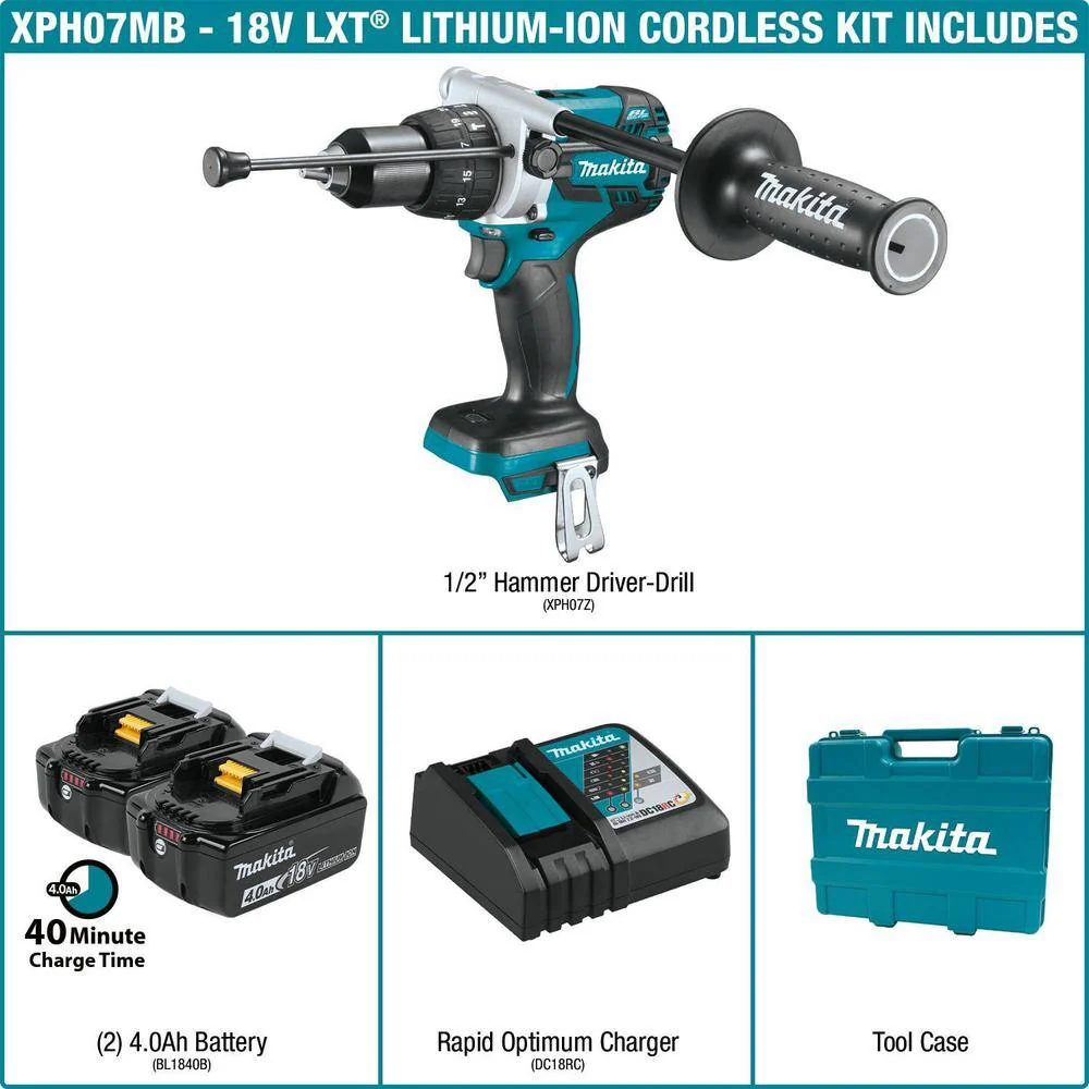 Makita 18-Volt LXT Brushless 1/2 in. Cordless Hammer Drill Kit with (2) 4.0Ah Batteries, Rapid Charger and Hard Case (XPH07MB) - Image 2