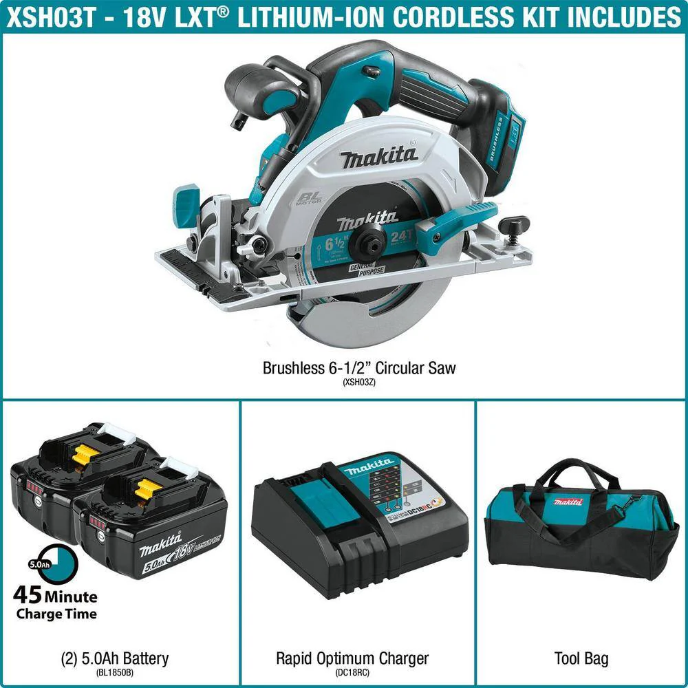 Makita 18V 5.0Ah LXT Lithium‑Ion Brushless Cordless 6-1/2 in. Circular Saw Kit (XSH03T) - Image 2