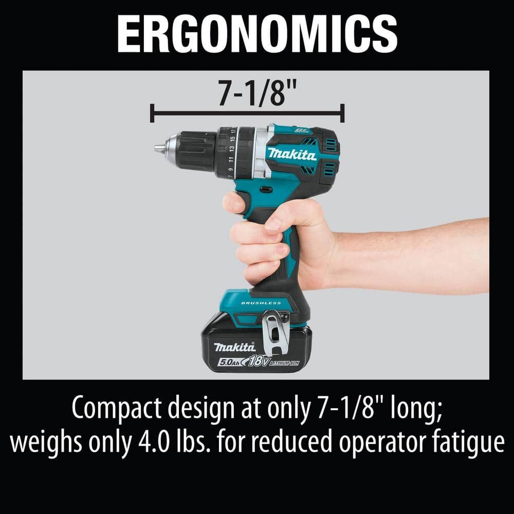 Makita 18V 5.0Ah LXT Lithium‑Ion Compact Brushless Cordless 1/2 in. Hammer Driver‑Drill Kit (XPH12T) - Image 7