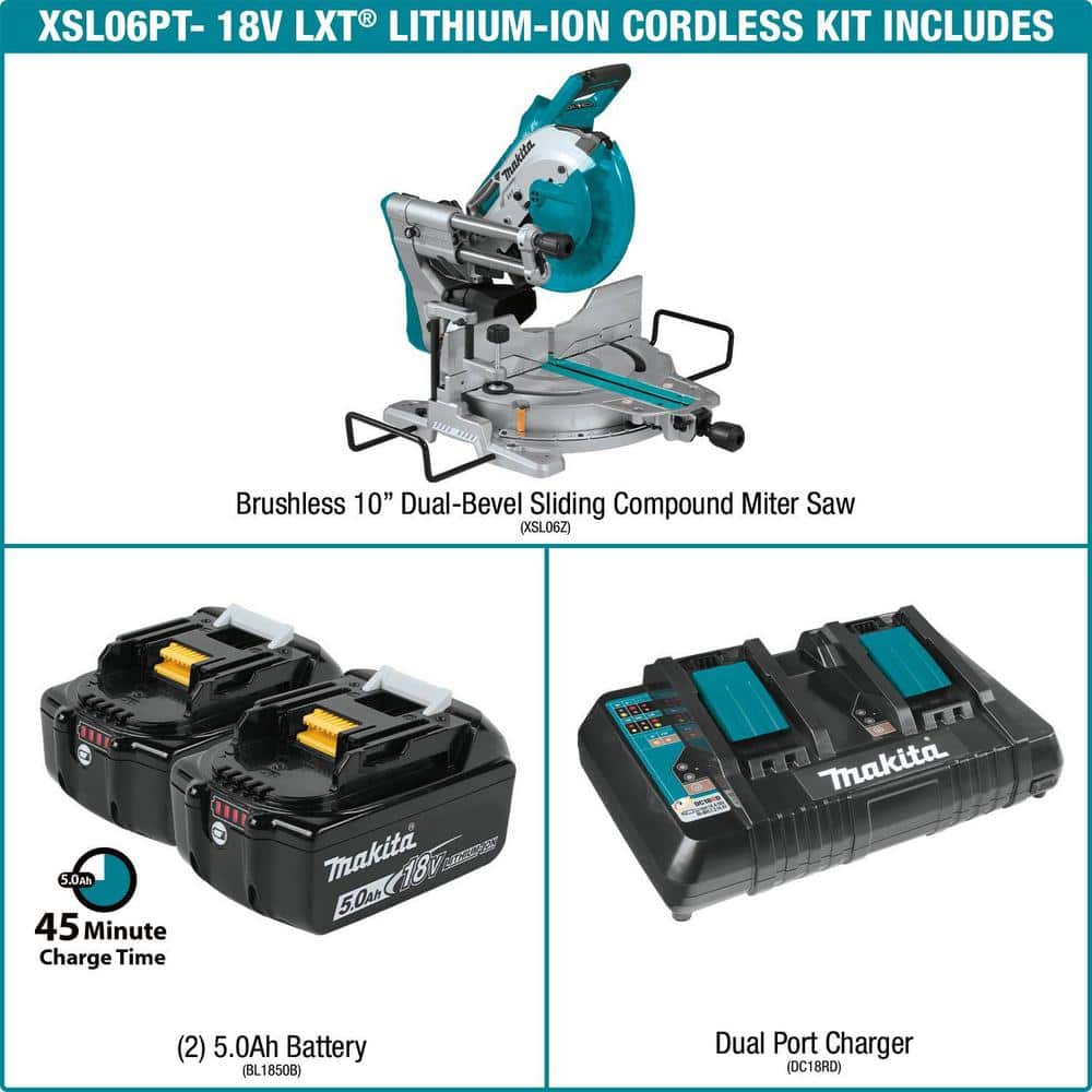 Makita 18V 5.0Ah X2 LXT Lithium‑Ion (36V) Brushless Cordless 10 in. Dual‑Bevel Sliding Compound Miter Saw with Laser Kit - Image 2