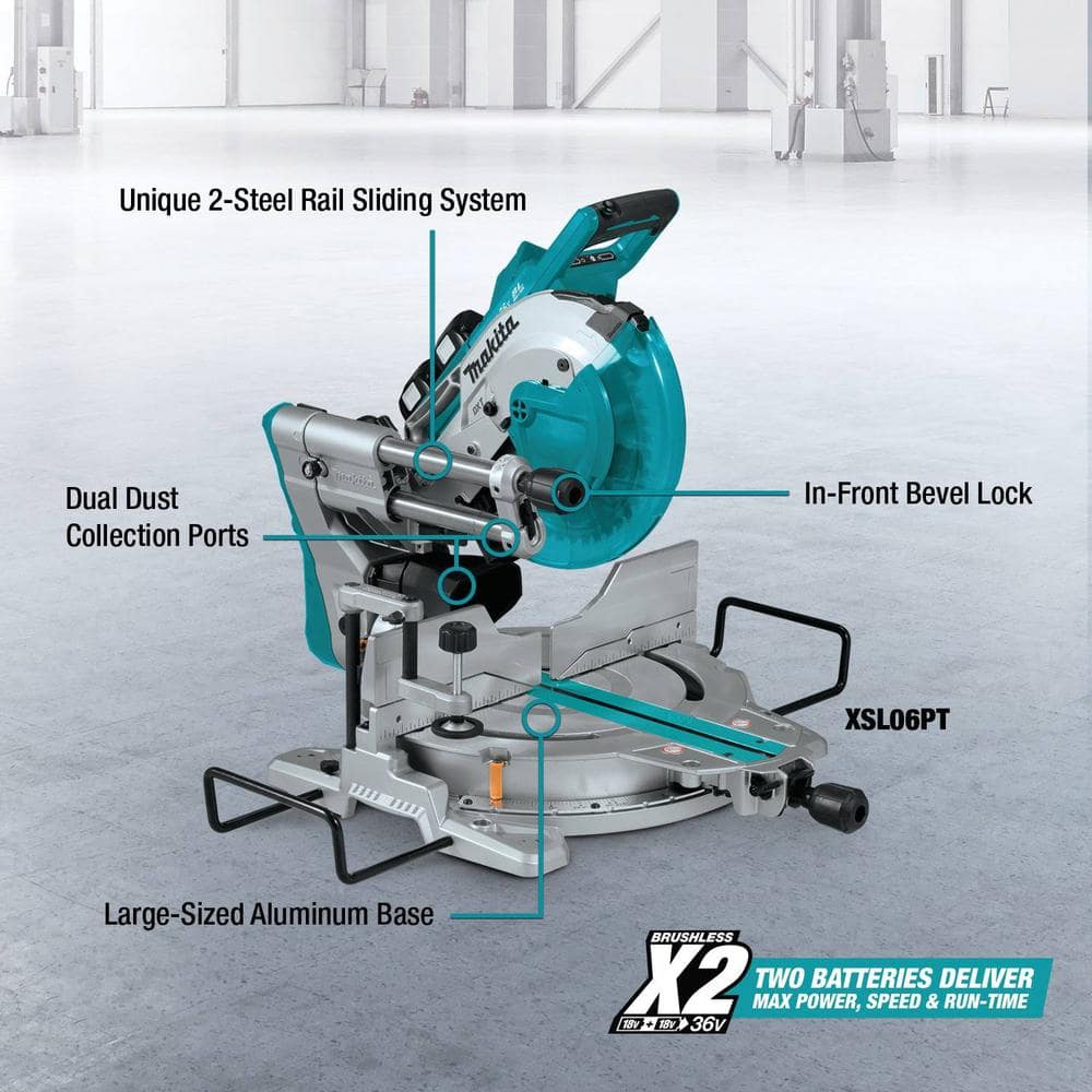 Makita 18V 5.0Ah X2 LXT Lithium‑Ion (36V) Brushless Cordless 10 in. Dual‑Bevel Sliding Compound Miter Saw with Laser Kit - Image 3