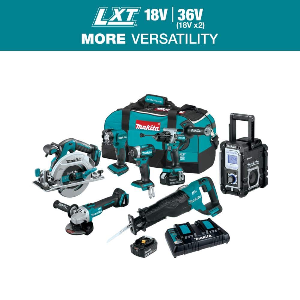 Makita 18V LXT Brushless 7‑Piece Cordless Combo Kit with 2x 5.0Ah Batteries, Dual‑Port Charger, Bag (XT707PT)