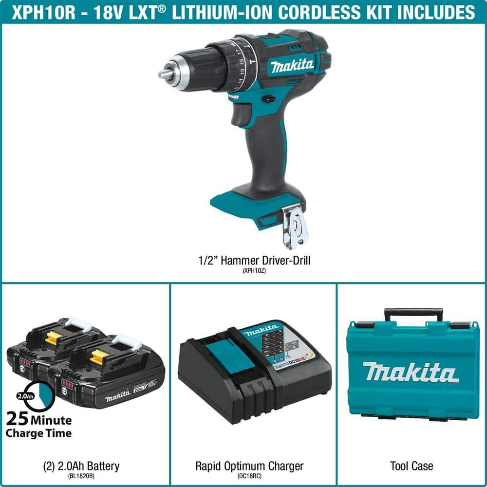 Makita 18V LXT Lithium‑Ion 1/2 in. Compact Cordless Hammer Driver‑Drill Kit with (2) 2.0Ah Batteries, Rapid Charger and Hard Case - Image 2