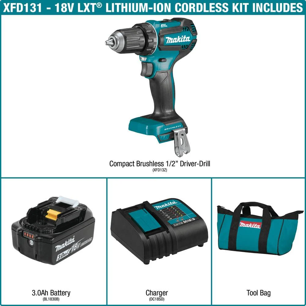 Makita 18V LXT Lithium‑Ion Brushless Cordless 1/2 in. Driver‑Drill Kit (3.0Ah, XFD131) - Image 2