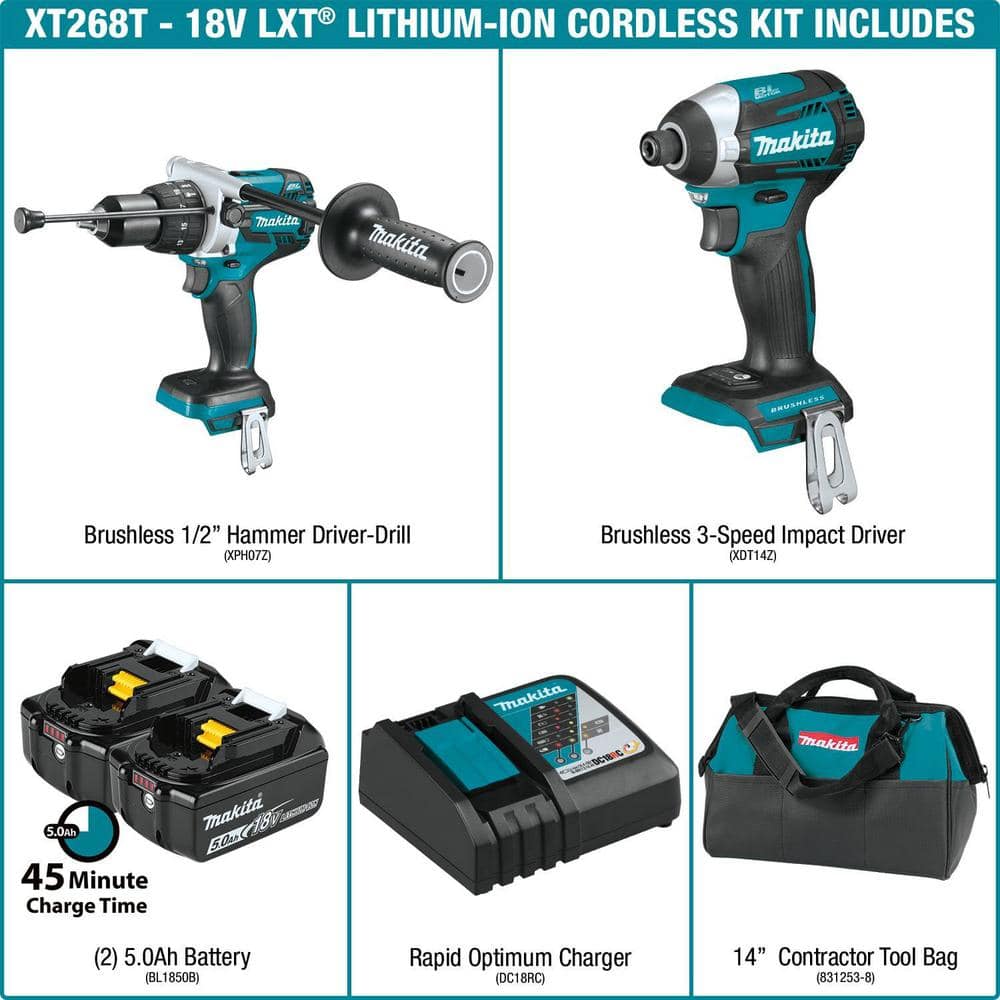 Makita 18V LXT Lithium‑Ion Brushless Cordless 2‑Piece Combo Kit (Hammer Drill/Impact Driver) with 5.0Ah Batteries - Image 2