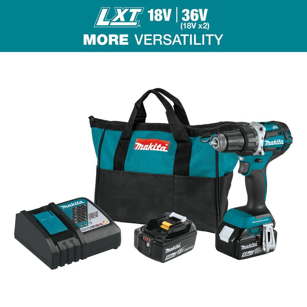 Makita 18V LXT Lithium‑Ion Compact Brushless Cordless 1/2 in. Driver‑Drill Kit with Two 5.0Ah Batteries, Charger & Hard Case
