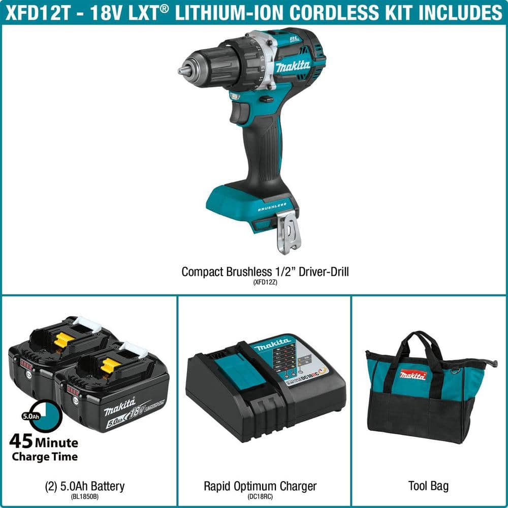 Makita 18V LXT Lithium‑Ion Compact Brushless Cordless 1/2 in. Driver‑Drill Kit with Two 5.0Ah Batteries, Charger & Hard Case - Image 2