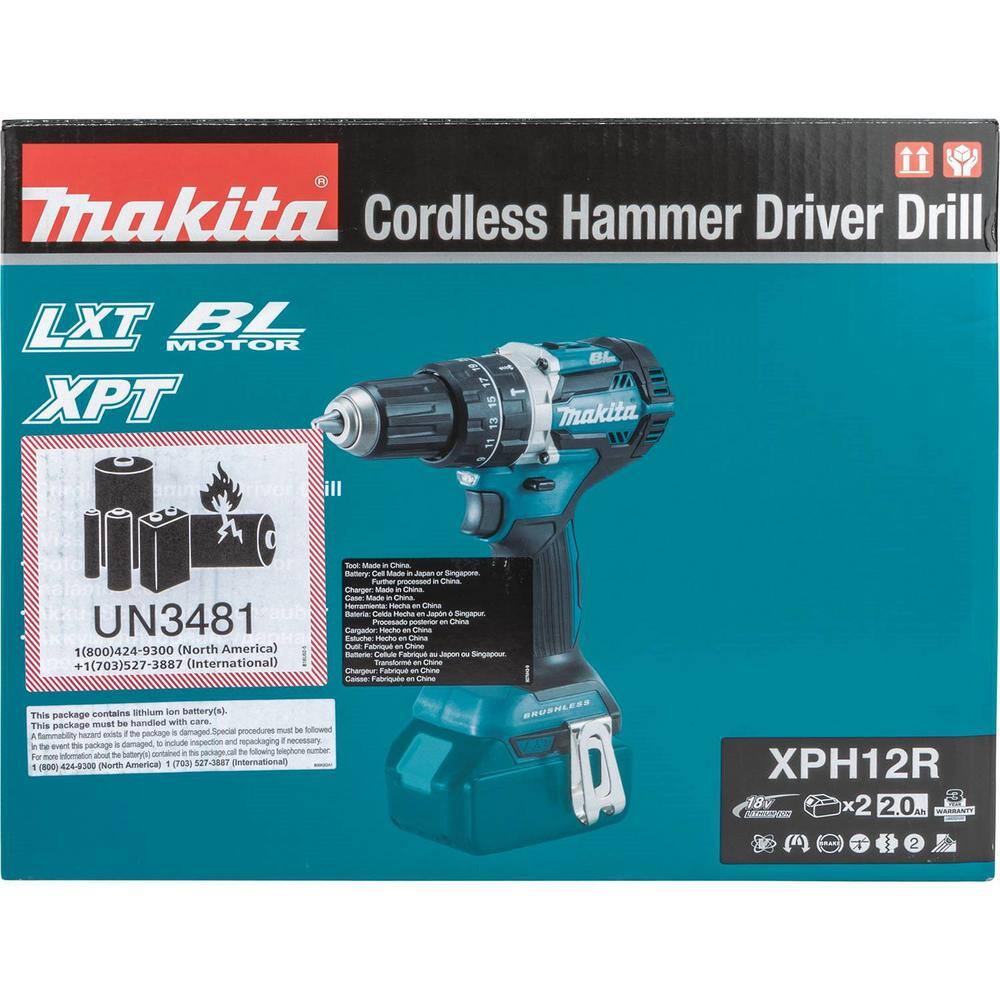 Makita 18V LXT Lithium‑Ion Compact Brushless Cordless 1/2 in. Hammer Driver‑Drill Kit with (2) 2.0Ah Batteries and Hard Case - Image 3