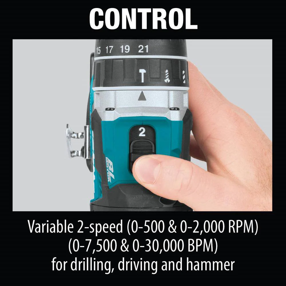 Makita 18V LXT Lithium‑Ion Compact Brushless Cordless 1/2 in. Hammer Driver‑Drill Kit with (2) 2.0Ah Batteries and Hard Case - Image 4