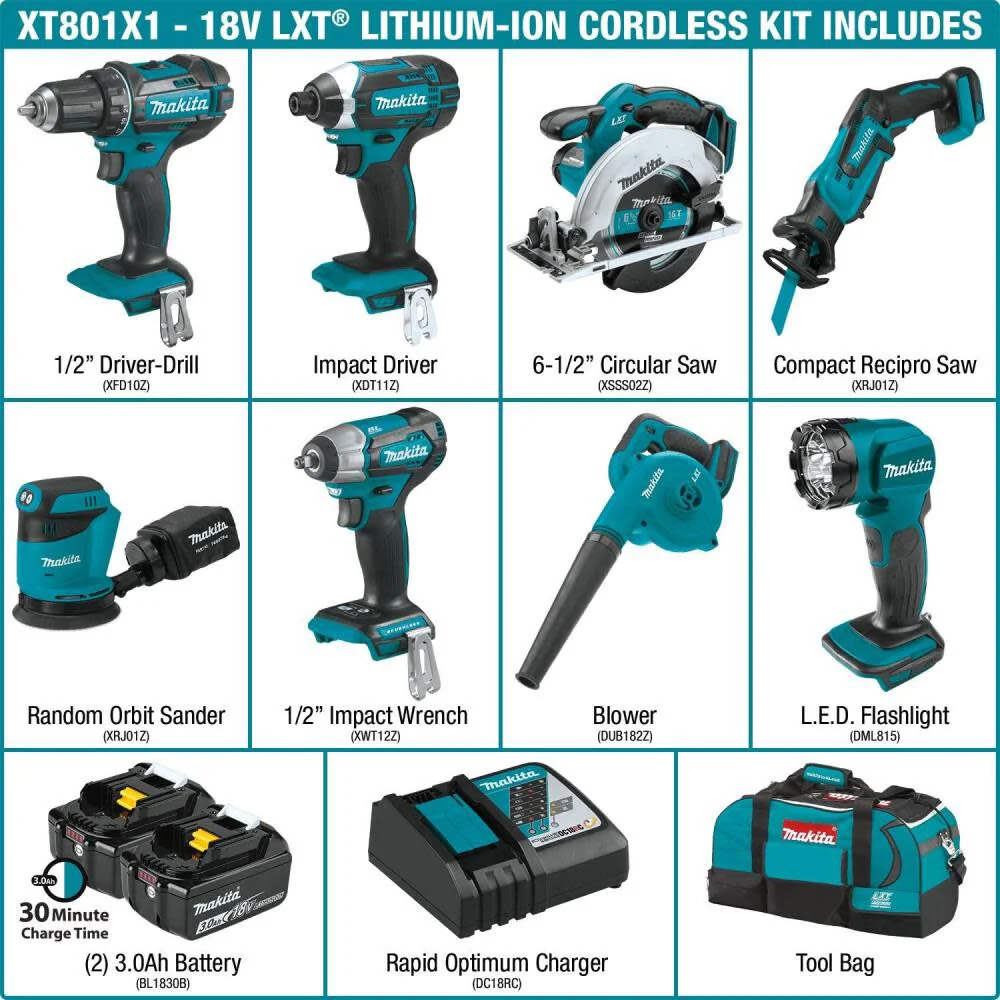 Makita 18V LXT Lithium‑Ion Cordless 8‑Piece Combo Kit (3.0Ah) – Drill, Impact Driver, Circular Saw, Recip Saw, Random Orbit Sander, Impact Wrench, Blower, LED Flashlight - Image 8