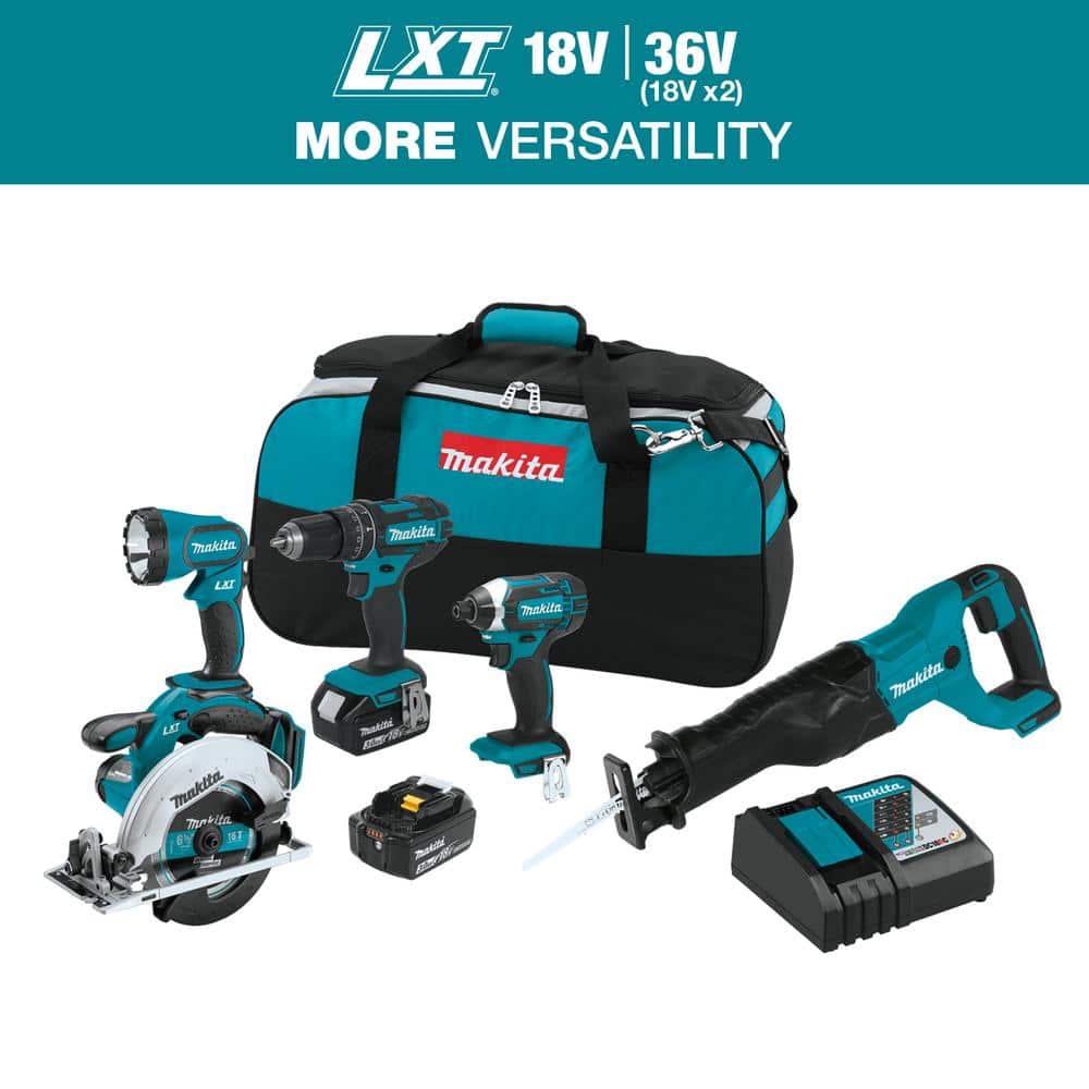 Makita 18V LXT Lithium‑Ion Cordless Combo Kit, 5‑Tool with (2) 3.0Ah Batteries, Rapid Charger and Tool Bag (XT505)