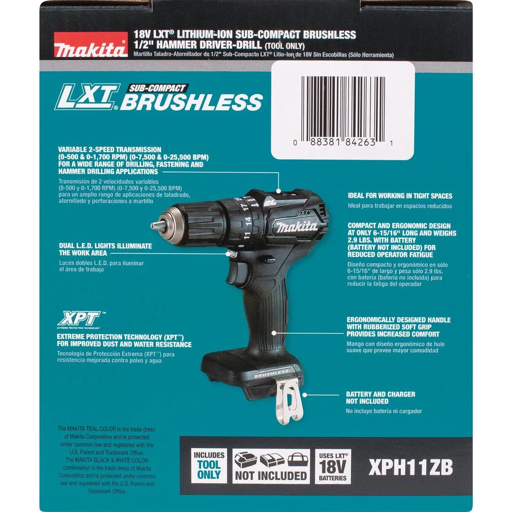 Makita 18V LXT Lithium‑Ion Sub‑Compact Brushless Cordless 1/2 in. Hammer Driver‑Drill (Tool Only) - Image 8