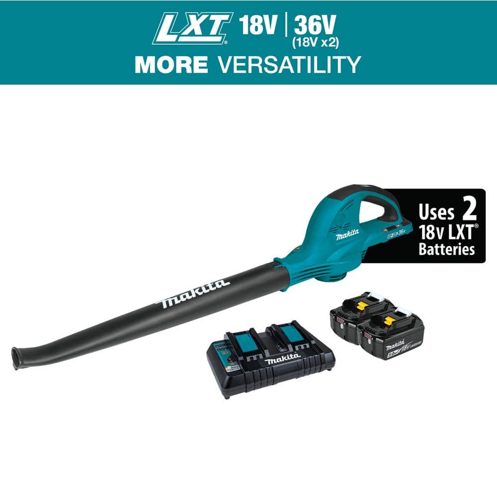 Makita 18V X2 (36V) 208 MPH 155 CFM LXT Lithium‑Ion Cordless Leaf Blower Kit with (2) 5.0Ah Batteries and Dual Port Charger (XBU01PT)