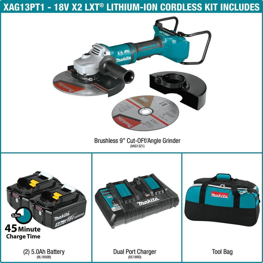 Makita 18V X2 LXT Lithium‑Ion (36V) Brushless Cordless 9 in. Paddle Switch Cut‑Off/Angle Grinder Kit with Electric Brake, 5.0Ah - Image 2