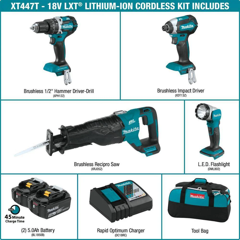 Makita XT447T 18V LXT Lithium‑Ion Brushless 4‑Piece Cordless Combo Kit with 5.0Ah Batteries (Hammer Drill, Impact Driver, Reciprocating Saw, LED Flashlight) - Image 2