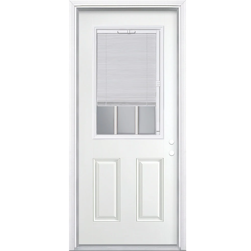 Masonite 32-in x 80-in Steel Half Lite Left-Hand Inswing Primed Prehung Single Front Door with Brickmould, Insulating Core, and Built-in Blinds