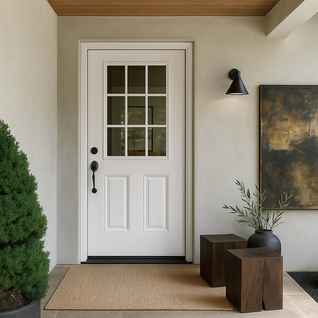 Masonite 32 x 80 in. 9 Lite Left Hand Inswing Primed White Smooth Fiberglass Prehung Exterior Door - Image 3